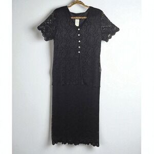 Vintage Helene Blake Evening Black Lace Dress Women's Size 14 Short Sleeve Lined